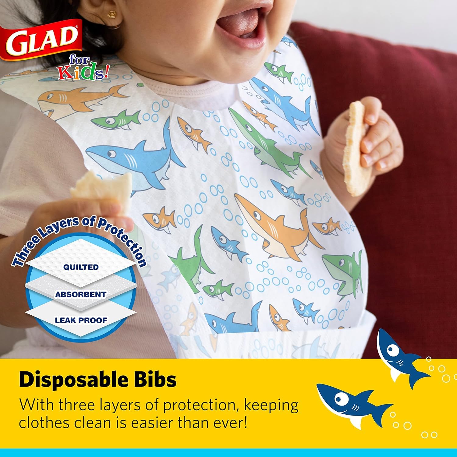 Glad Disposable Paper Bibs with Adorable Shark Design for Babies & Toddlers - 24 Pack Travel Bibs for Messy Meals, On-the-Go Feeding & Daycare Use
