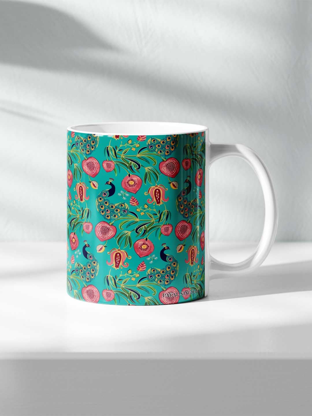 Macmerise Payal Singhal Anaar and Mor Teal Ceramic Coffee Mug - Premium 325ml HD Printed Tea Cup, Microwave & Dishwasher Safe, Durable Hygienic Ceramic - Perfect for Home, Office, Gifts & Boho Decor