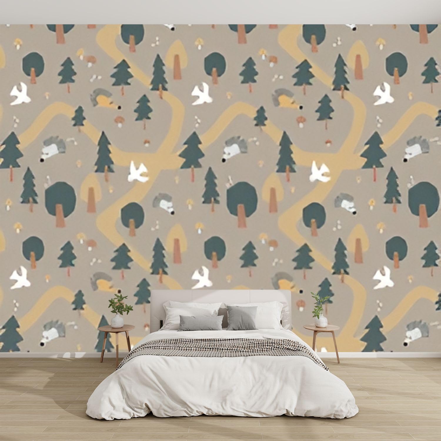 3D Modern Scandinavian Forest Animals Wall Mural - Peel and Stick Removable Self-Adhesive Wallpaper with Birds, Mushrooms & Hedgehogs for Living Room, Kids Bedroom Decor - Nursery, Playroom, Dorm Wall Stickers