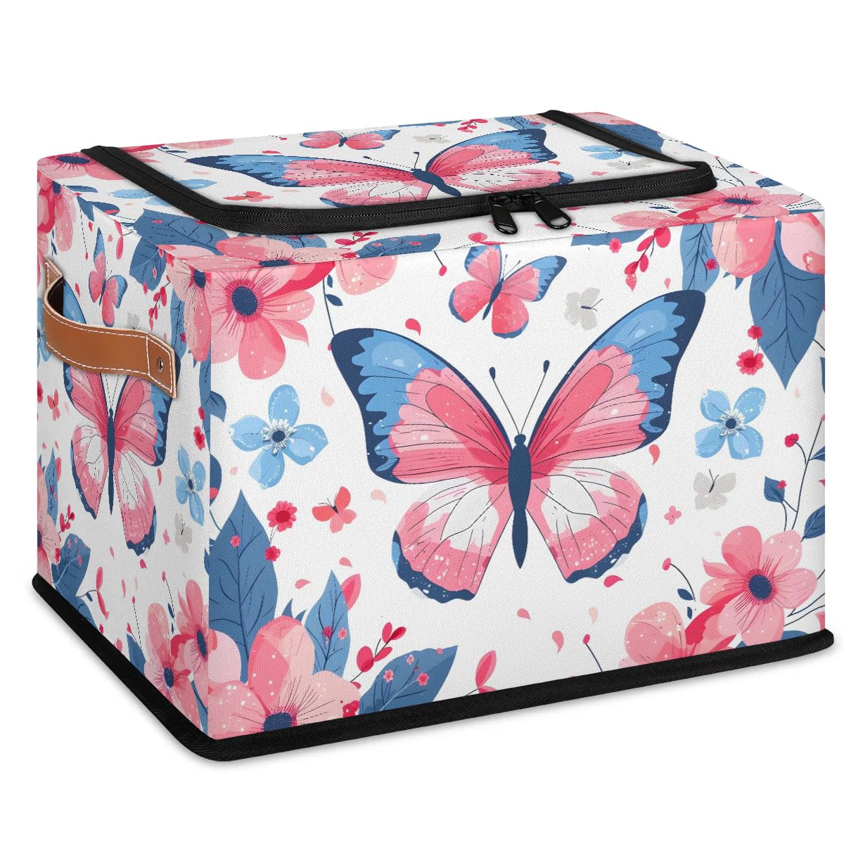 2-Pack Stackable Storage Bins with Zipper Lid & Metal Frame - Butterfly Flower Design Closet Organizer Cubes with PU Handles | Perfect for Clothes, Toys, and Home Organization