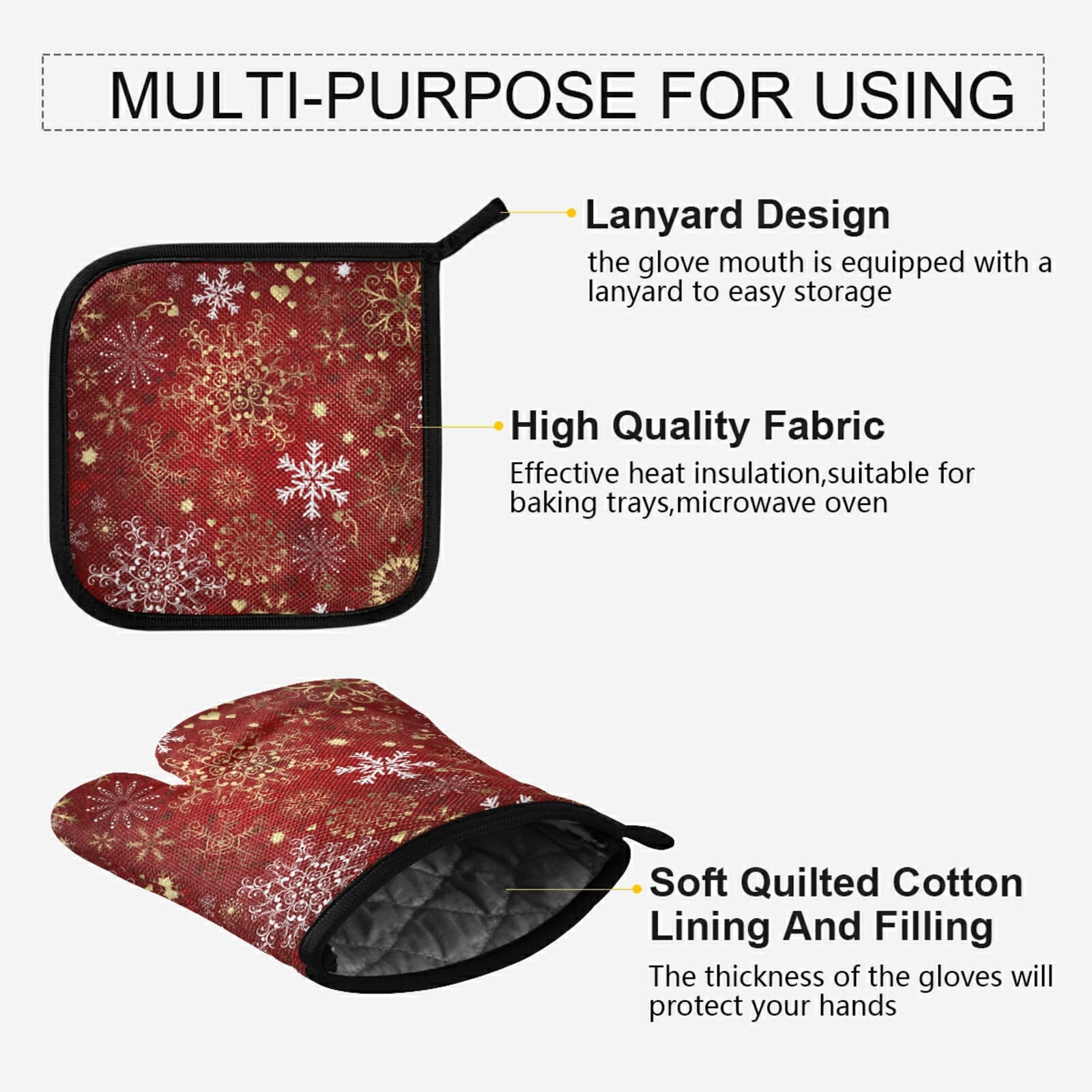 ALAZA Heat Resistant Christmas Snowflake Oven Mitt & Pot Holder Set - Gold White Red Kitchen Gloves for Cooking, Baking, Grilling, BBQ - Perfect Holiday Gift for Home Chefs & Bakers
