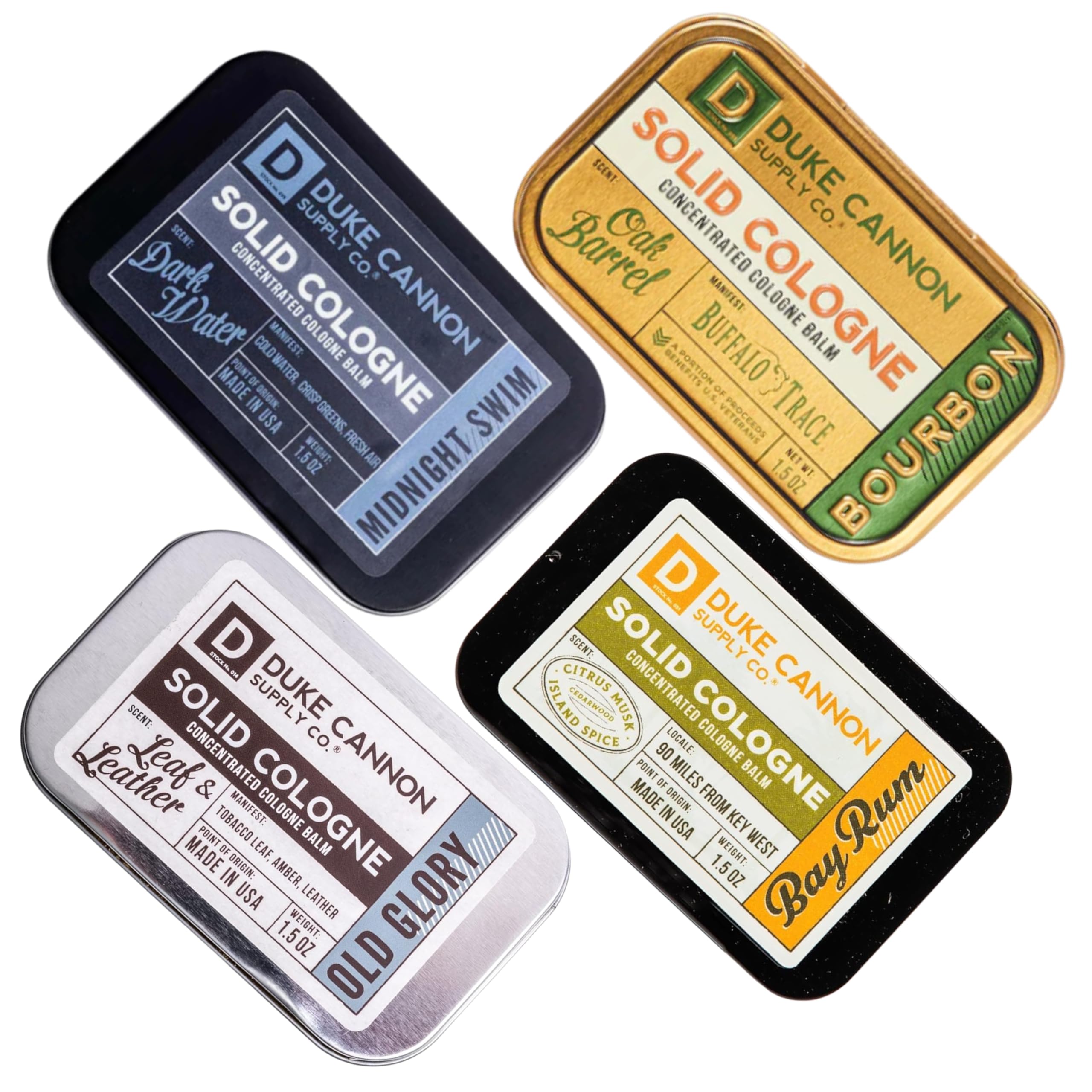 Duke Cannon Solid Cologne 4-Pack - Bourbon, Bay Rum, Midnight Swim & Old Glory Scented Travel Cologne Balm for Men | Long-Lasting Fragrance | 1.5 oz Portable Solid Cologne Sticks | Perfect for Gym, Office, Travel & Everyday Use