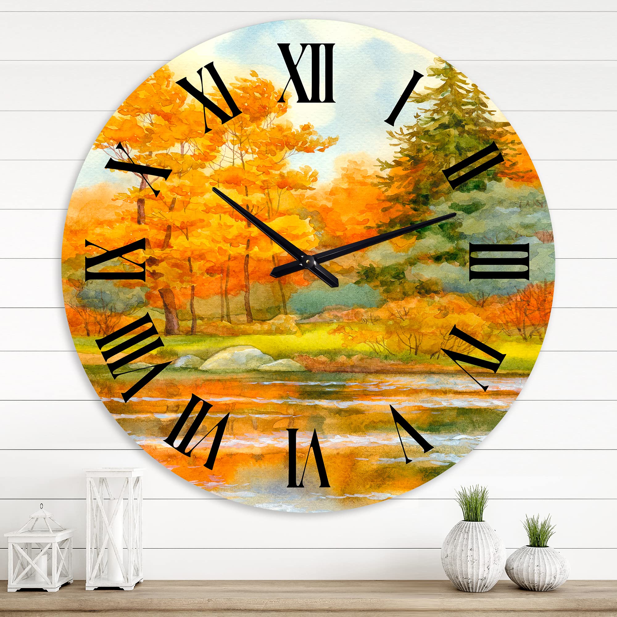 DesignQ Lake House Wall Clock 'Autumnal Forest by The Lake Side IV' - Large Nature Landscape Wall Clock for Kitchen, Living Room, Bedroom Decor - Perfect for Rustic, Farmhouse & Cabin Home Décor