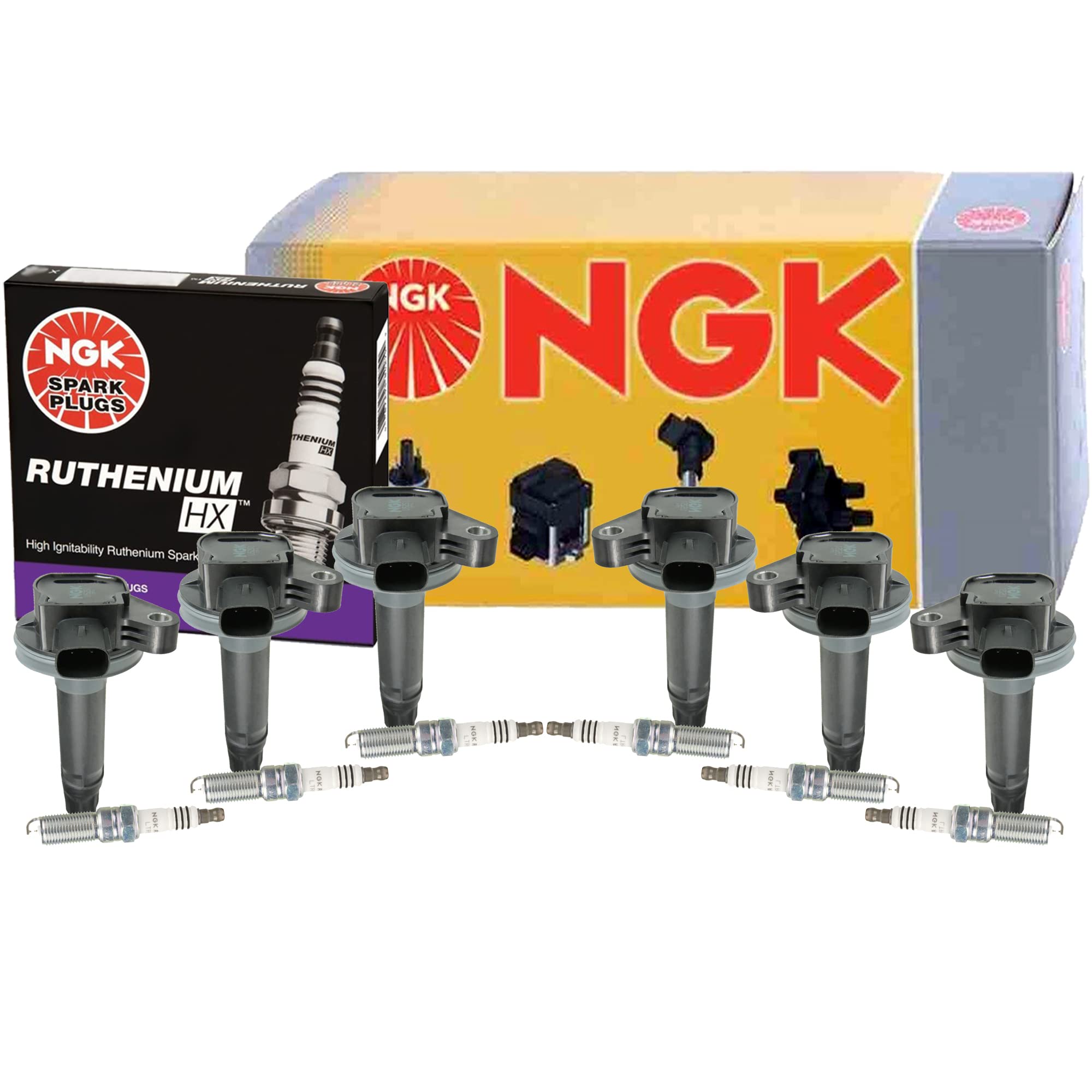 NGK 6 Pack Ignition Coils & Ruthenium HX Spark Plugs Kit - Compatible with Ford Lincoln Mercury Vehicles - High Performance Engine Upgrade for Smoother Acceleration & Better Fuel Efficiency - Perfect for DIY Auto Repair & Engine Maintenance