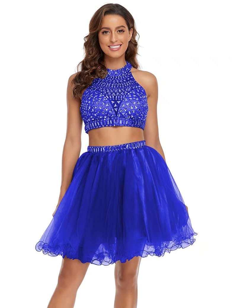 Sparkly Two-Piece Homecoming Dresses 2023 | Tulle Halter Short Prom Gowns for Cocktail Parties, Dances & Special Occasions
