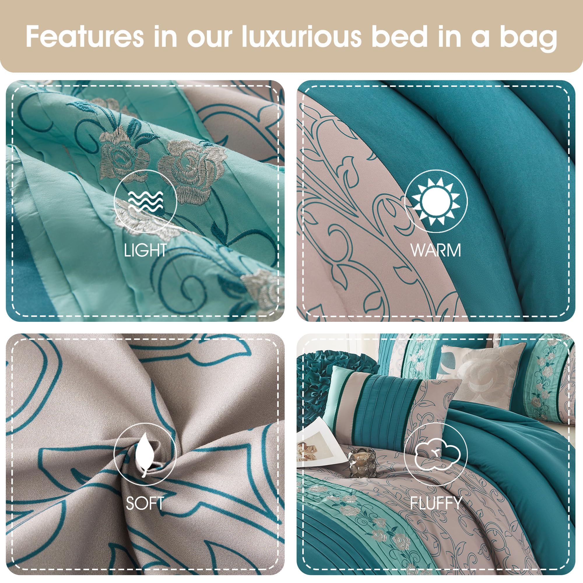 Grand Avenue Teal and Grey 7-Piece Queen Comforter Set with Pillow Shams & Bedskirt | Floral Bedding Collection for Home Decor | Perfect for Master Bedroom, Guest Room & Cozy Retreats