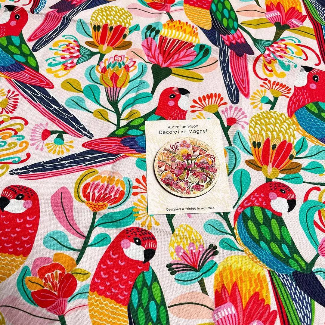 Premium Home Decor Gift Set - Designer Rosella Paradise Tea Towel & Wooden Fridge Magnet for Kitchen, Housewarming, Wedding Gifts