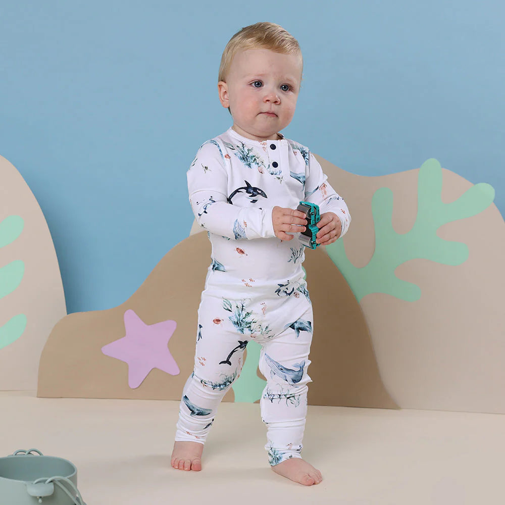 Organic Baby Growsuit - Snuggle Hunny Soft Cotton One-Piece Outfit for Newborns & Infants (Ocean Blue) - Perfect for Playtime, Naptime & Photo Shoots