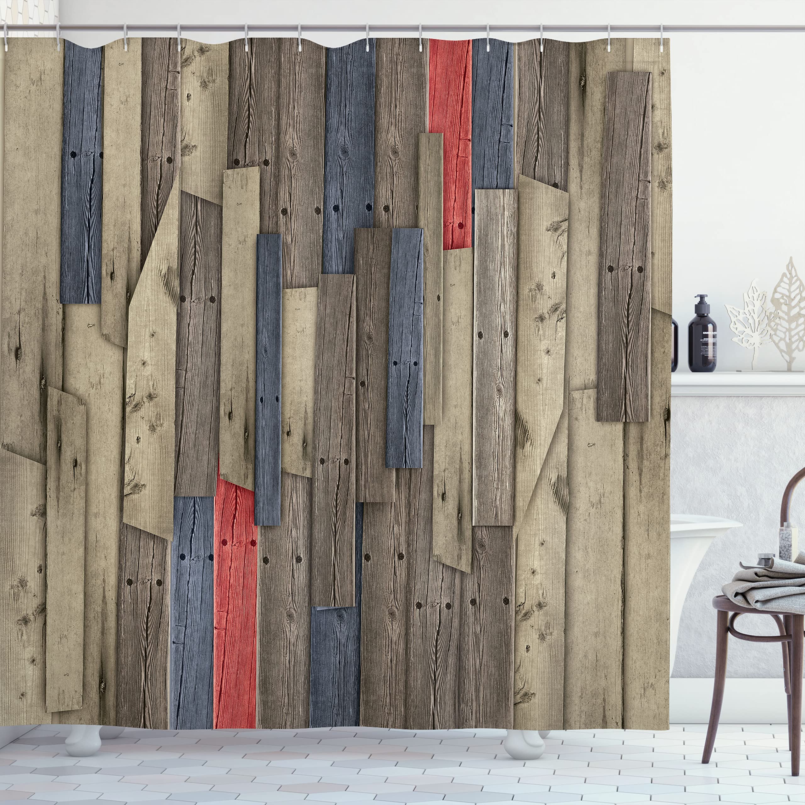 Ambesonne Rustic Shower Curtain - Grunge Wood Plank Design with Barn House Door Nails, Country Farmhouse Theme Bathroom Decor, 69