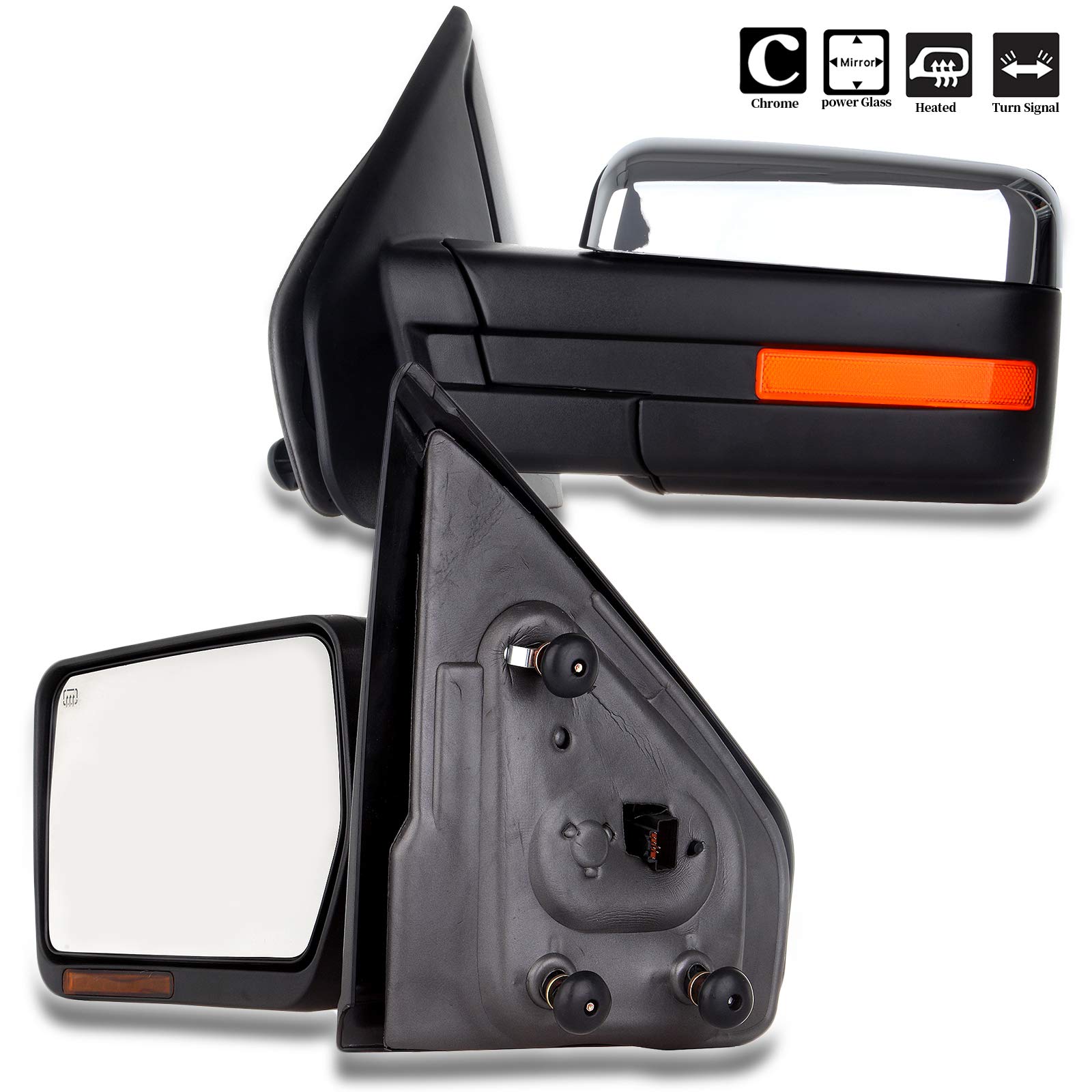 CCiyu Chrome Power-Adjusted Heated Towing Mirrors with Turn Signal & Puddle Light - Compatible with 2004-2014 Ford F150 Pickup (LH Left & RH Right) - Enhanced Visibility & Safety for Towing, Night Driving & Off-Road Adventures