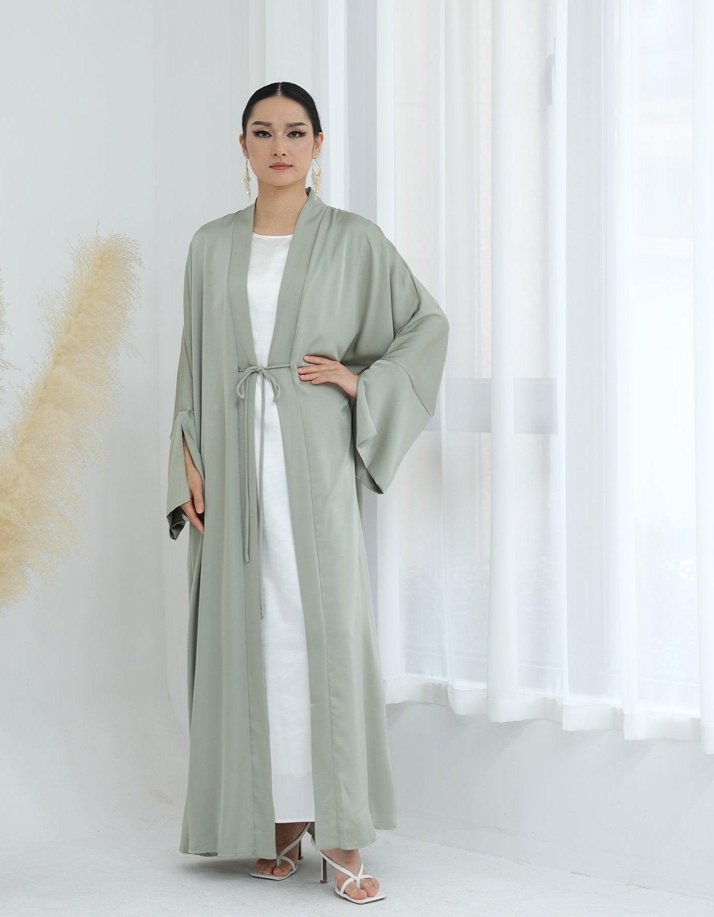 Lavinia Satin Open Abaya for Women - Elegant Long Flowy Prayer Dress - Sage Green Islamic Modest Wear for Mosque, Eid & Special Occasions