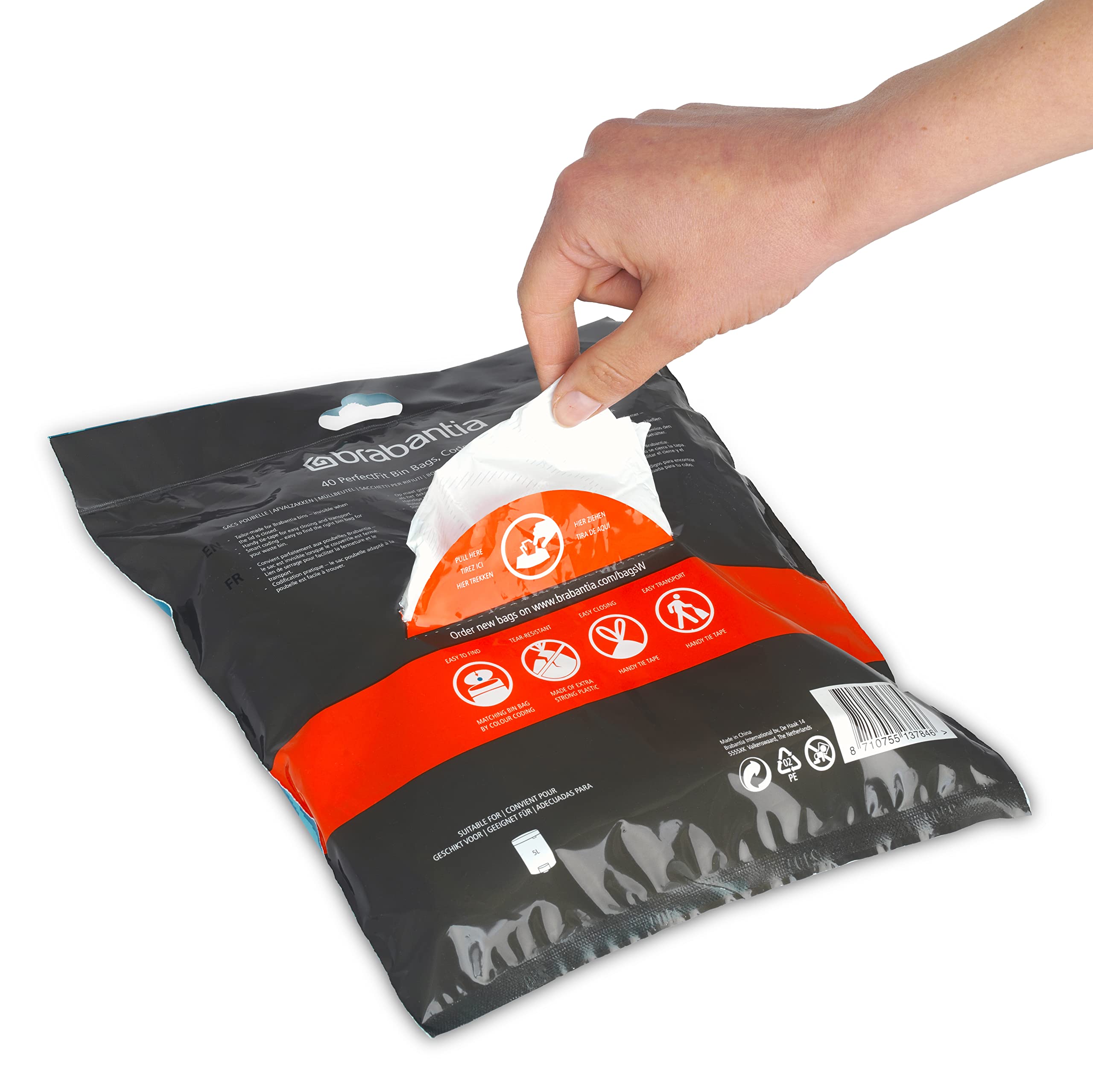 Brabantia PerfectFit 1.3 Gallon Trash Bags - 40 Count Thick Plastic Drawstring Trash Can Liners with Handles - Ideal for Small Bathroom, Office & Bedroom Waste Bins