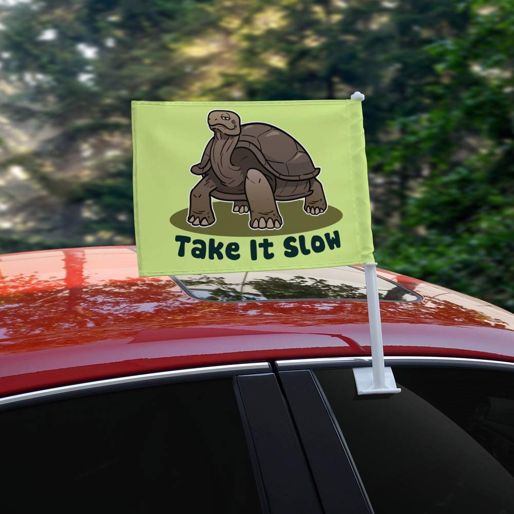 Slow Down Tortoise Turtle Car Truck Flag with Window Clip & Pole Holder - Fun Novelty Decoration for Vehicles, Parties, and Outdoor Events