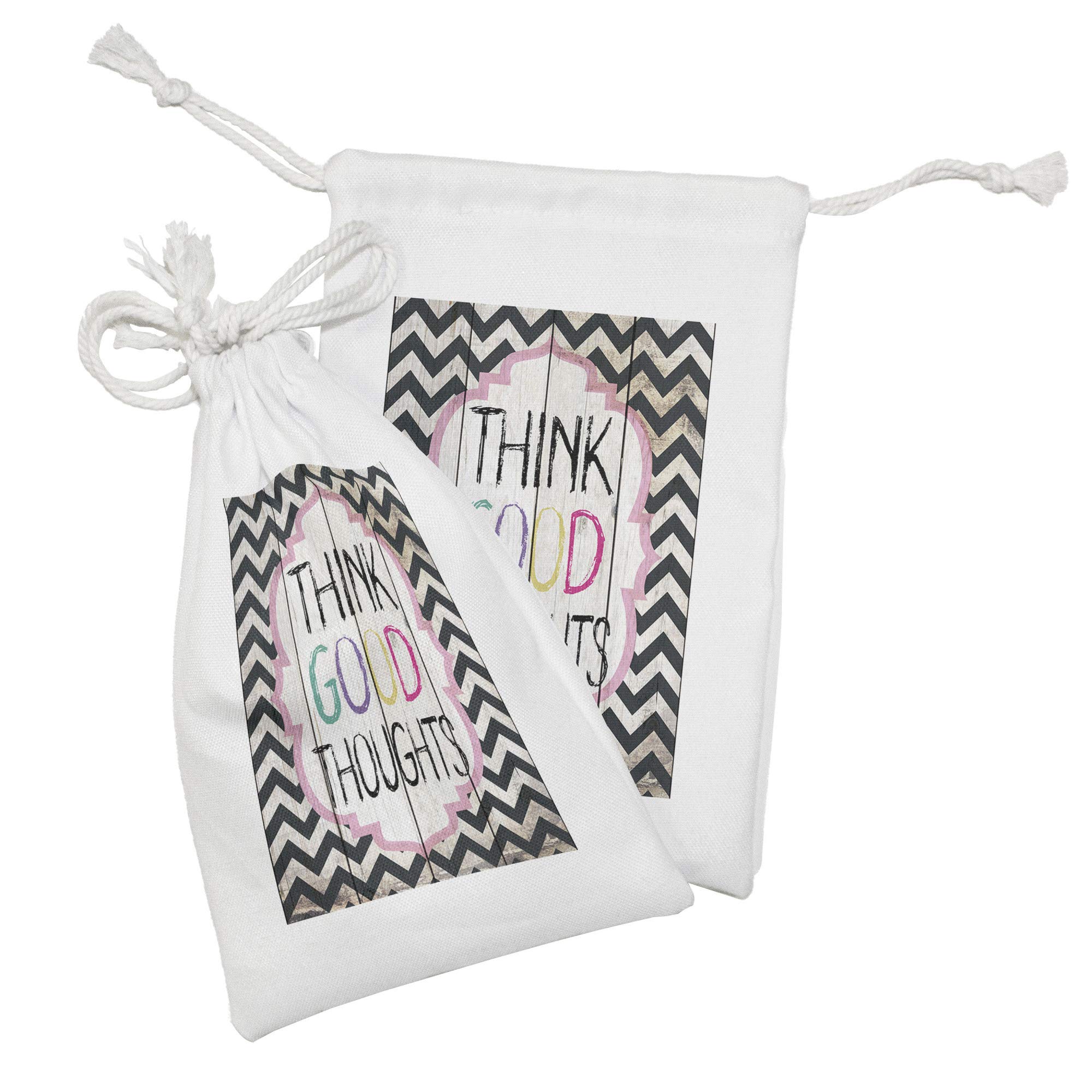Ambesonne 2-Pack Fabric Drawstring Pouch Set - Rainbow Chevron Zigzag Pattern with Inspirational Quote - 9
