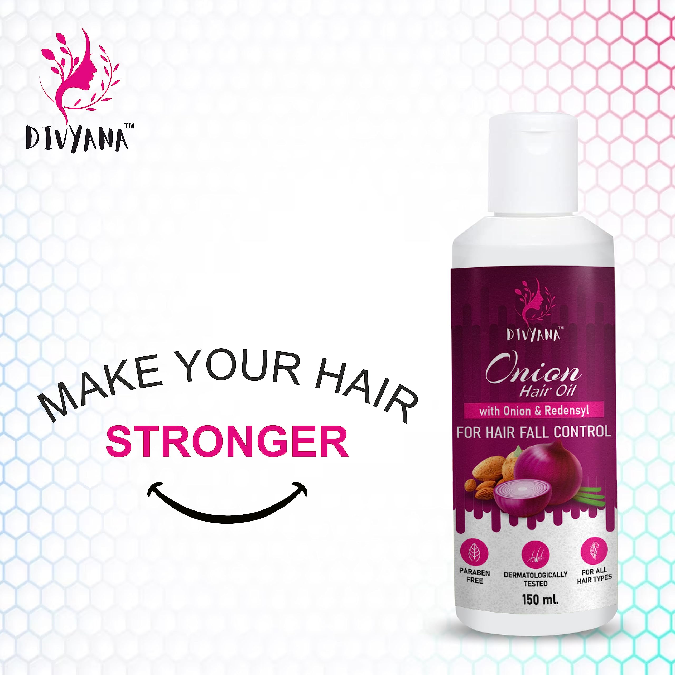 Divyana Onion Hair Oil for Hair Growth & Hair Fall Control with Redensyl – 150ml | Natural Hair Regrowth Treatment for Thinning Hair | Perfect for Daily Scalp Massage & Damaged Hair Repair