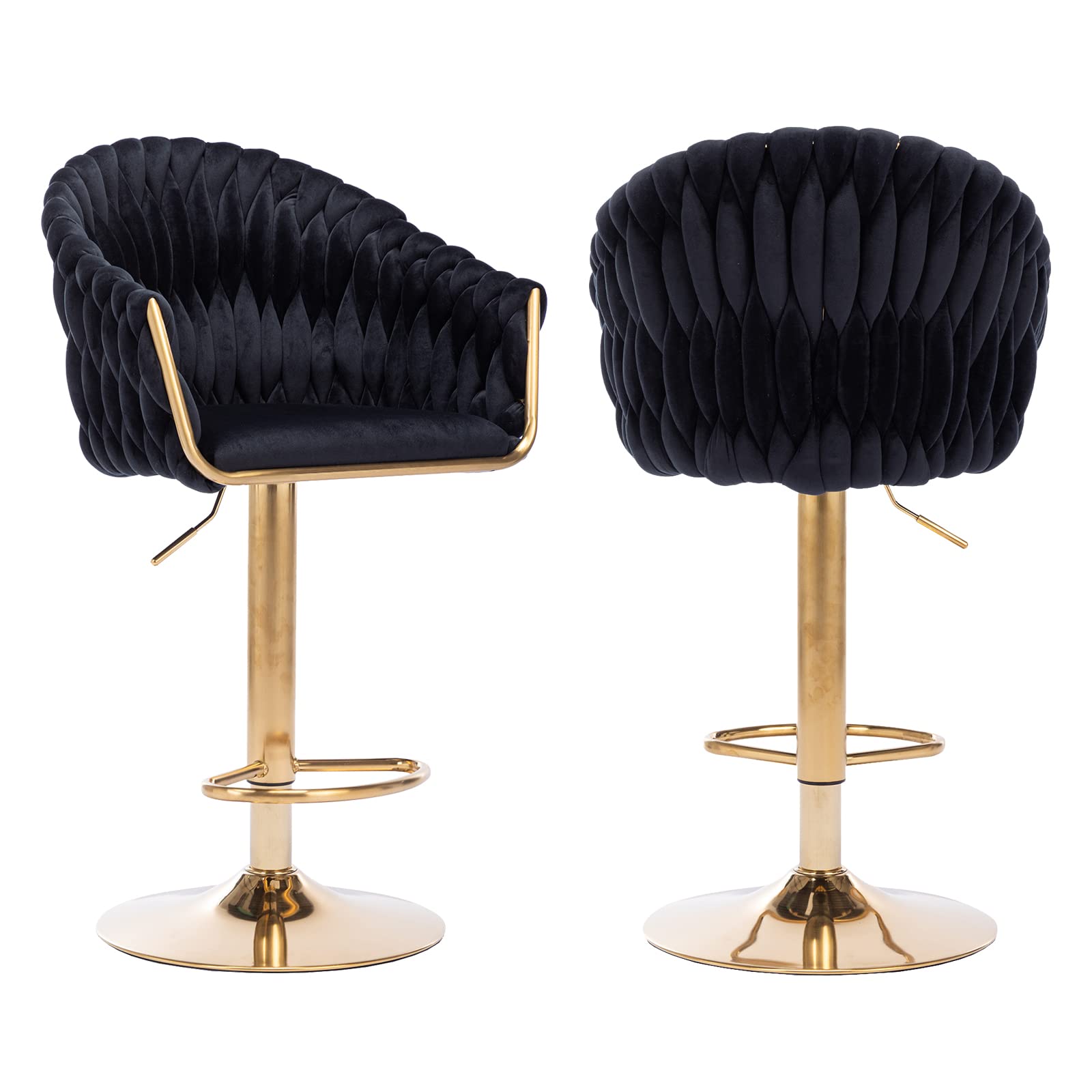 NIOIIKIT Velvet 360° Swivel Bar Stools Set of 2 - Adjustable Height Counter Stools with Hand Woven Backrest, Golden Metal Frame & Footrest - Modern Kitchen, Bar, Pub, Dining Room Furniture (Black)