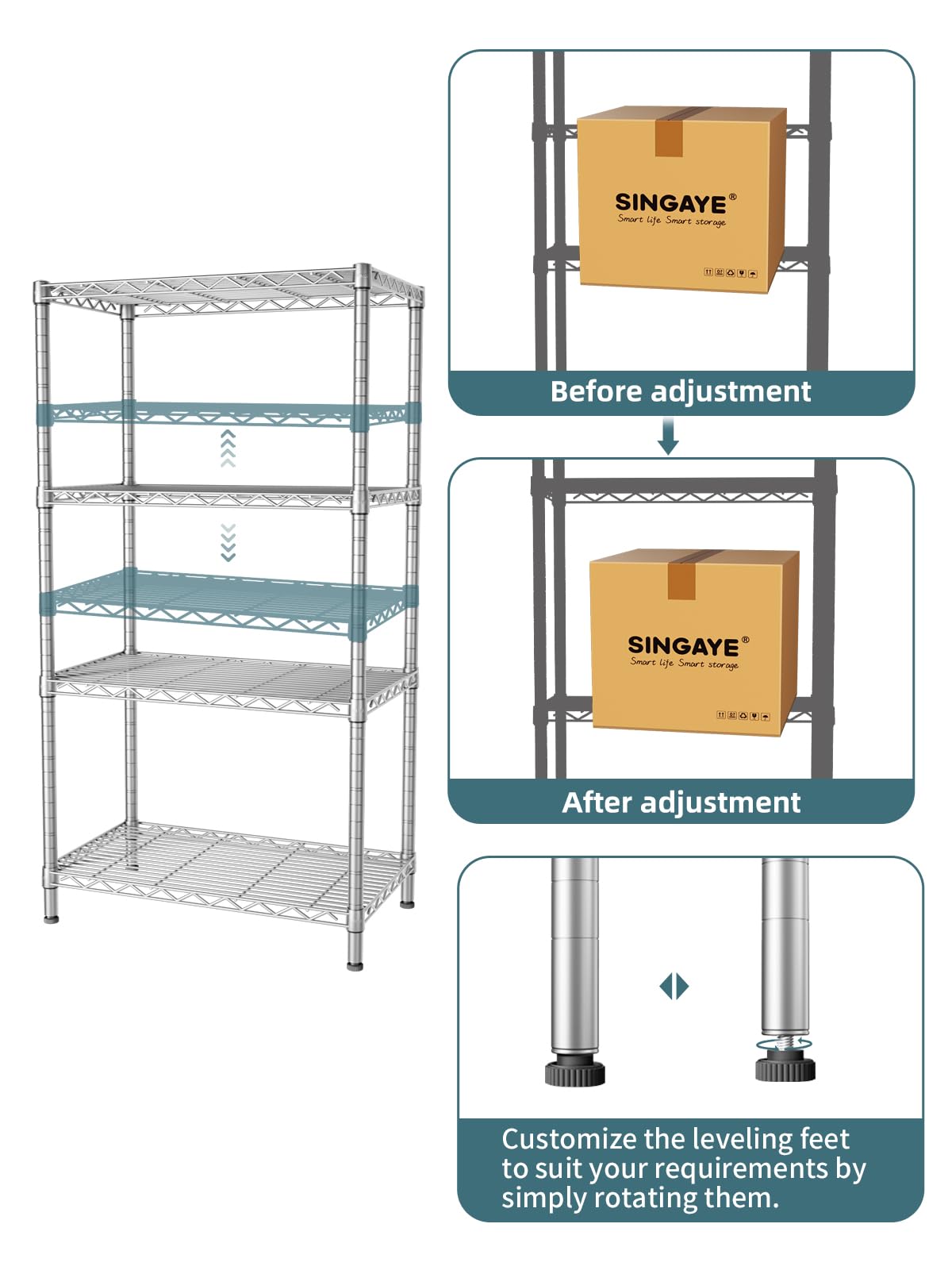 SINGAYE 4-Tier Adjustable Metal Wire Shelving Unit - 14