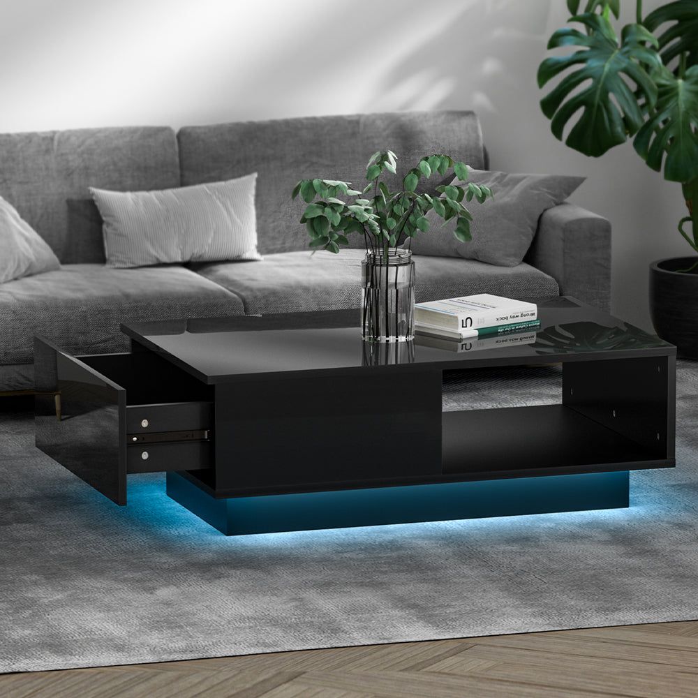 Artiss Modern Coffee Table with LED Lights - Black Glass Top End Table for Living Room, Bedroom, or Office Decor