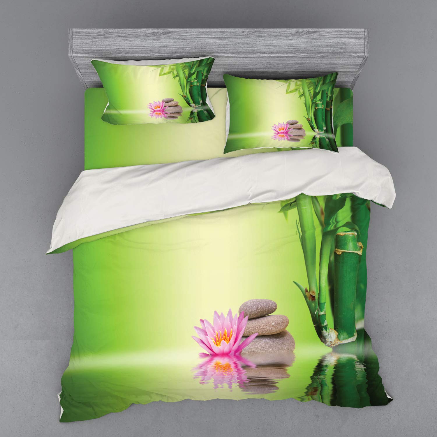 Ambesonne 4-Piece King Size Duvet Cover Set - Garden Self-Care Mindfulness Print, Green & Pink Floral Bedding with Shams & Fitted Sheet | Perfect for Spa-Like Relaxation & Mindful Living in Master Bedrooms