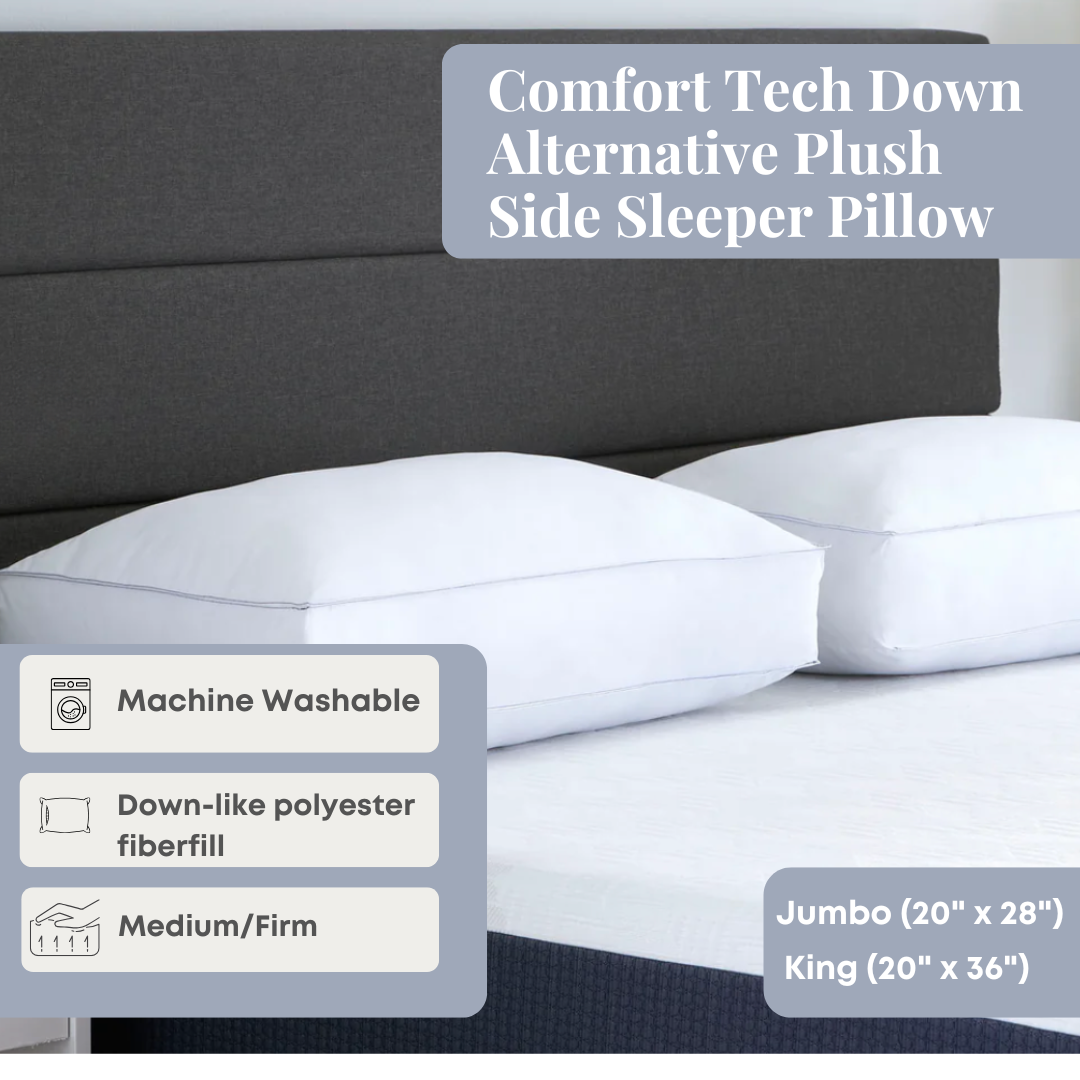 Comfort Tech Down Alternative Plush Side Sleeper Pillow - Ultra Soft Hypoallergenic Support for Neck & Shoulder Pain Relief - Perfect for Back, Stomach & Side Sleepers, Travel & Home Use