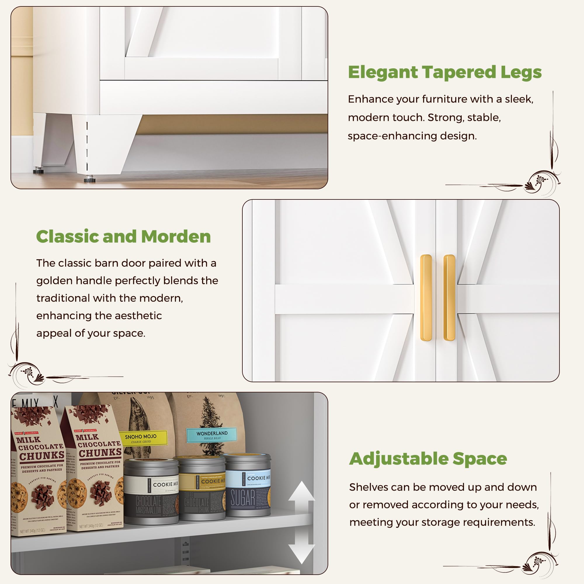 Farmhouse Style White Storage Cabinet with 2 Barn Doors & 3 Adjustable Shelves - 61
