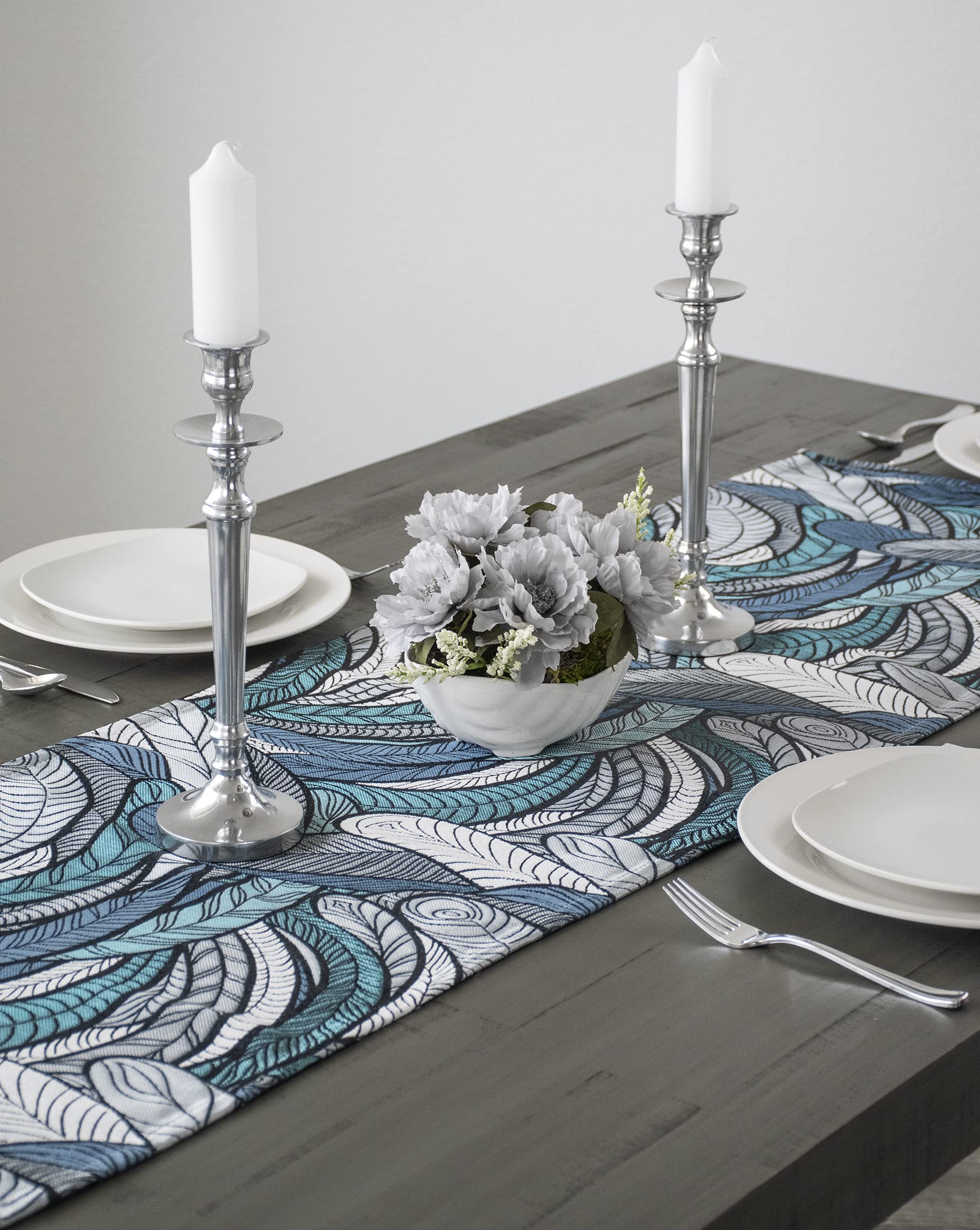 Elegant Chenille Gray and Teal Blue Feather Table Runner - 16.5x53.5 Inch Dresser Scarf, Coffee Table Decor for Dining Room, Bedroom & Holiday Parties