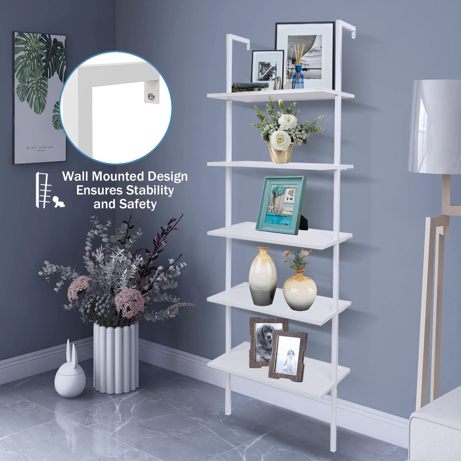 5-Tier Wall Mounted Ladder Shelf - Sturdy Metal Frame & Wood Shelves - Modern Bookshelf for Living Room, Bedroom, Office - Space-Saving Storage Solution for Books, Decor & Essentials (24
