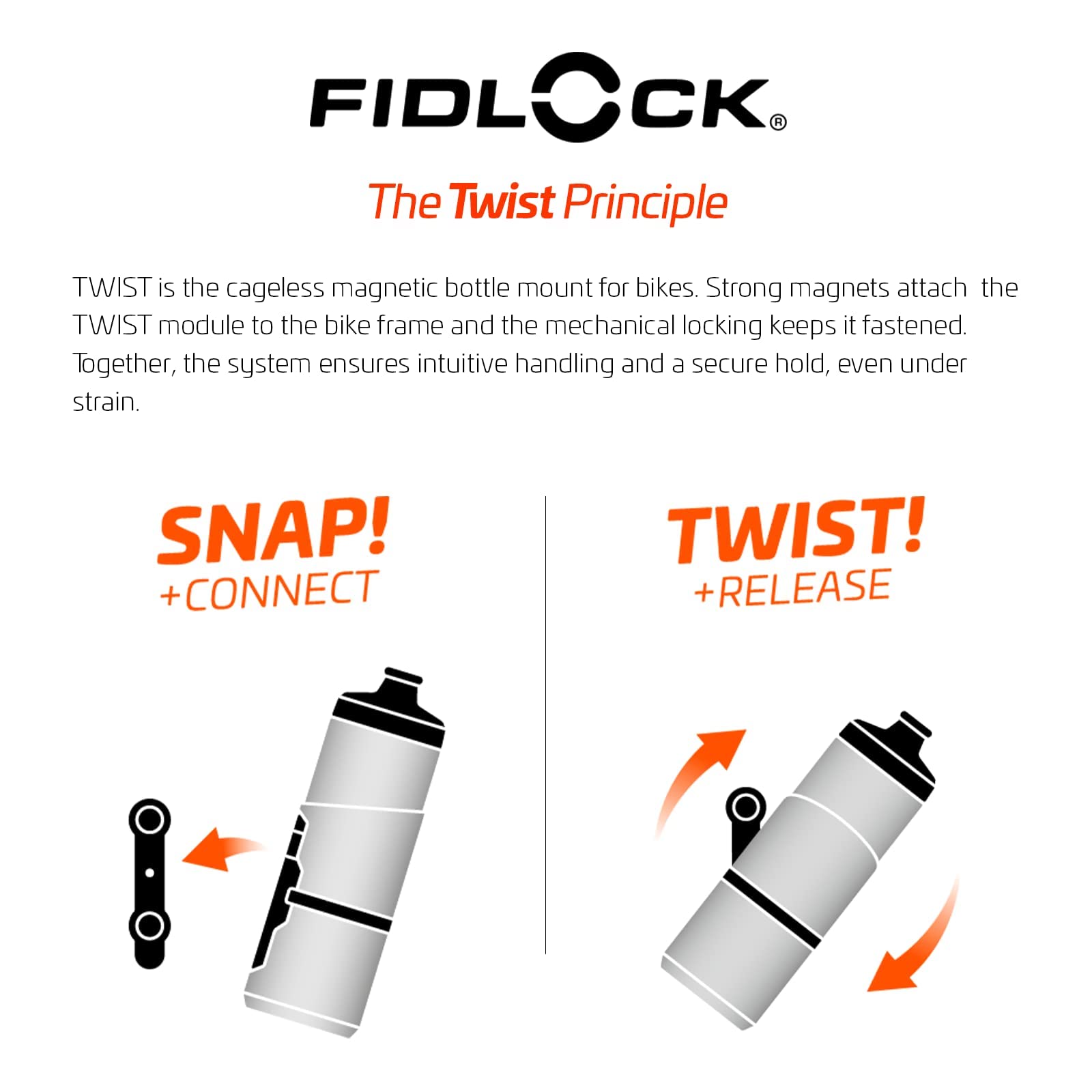 FIDLOCK Twist Bottle 600ml Set - Magnetic Bike Water Bottle Holder with Cage-Free Design | Secure Twist Connector & Base Mount | Perfect for Road Bikes, Mountain Biking & Outdoor Cycling | Clear