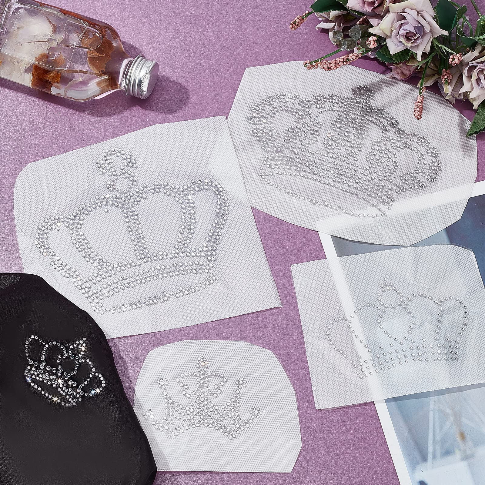 FINGERINSPIRE 5pcs Crown Iron-on Crystal Rhinestone Decals - Large Hotfix Rhinestone Transfer Patches for Clothing, DIY Embellishment (Perfect for T-Shirts, Jeans, Jackets & Costume Design)