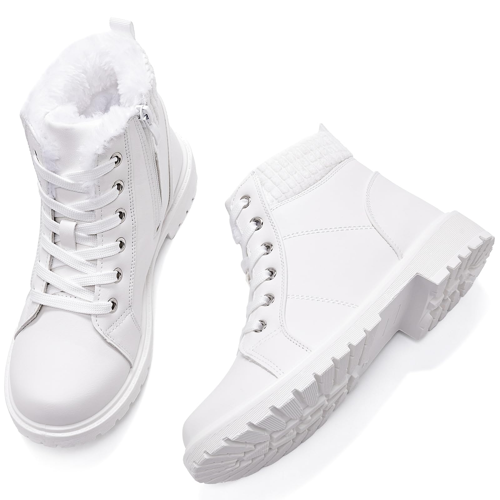 Women's Combat Boots - Black Ankle Booties with Side Zipper | Winter Snow Boots with Non-Slip Sole | Warm Fuzzy Lined Lace-Up Boots for Outdoor, Hiking & Streetwear Fashion