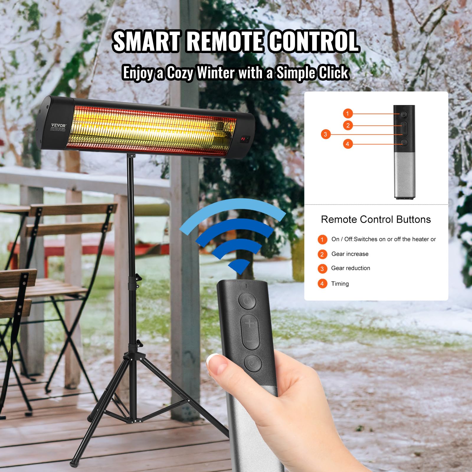 VEVOR 1500W Infrared Heater with Remote Control - 3 Speed Electric Space Heater with LED Display, Timer & Stand - Ceiling/Wall Mountable Patio Heater for Outdoor/Indoor Use - Perfect for Porch, Dining Room, Studio, Garage & Office Warming