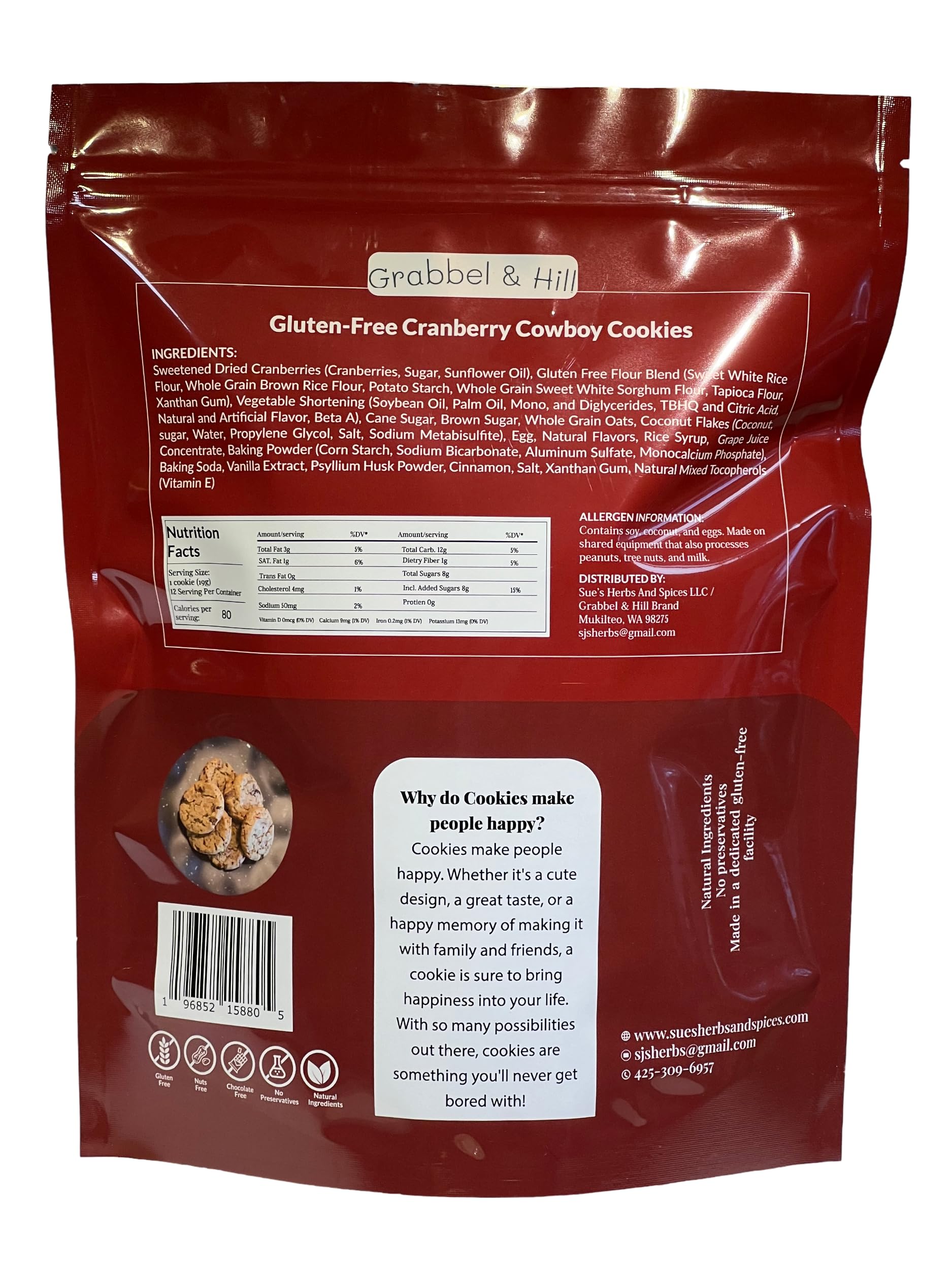 Grabbel & Hill Gluten Free Cranberry Cowboy Cookies - 8 Ounce (Pack of 12) - No Artificial Flavors, Preservatives, Nuts or Chocolate - Healthy Snack for Hiking, Camping & Office Breaks