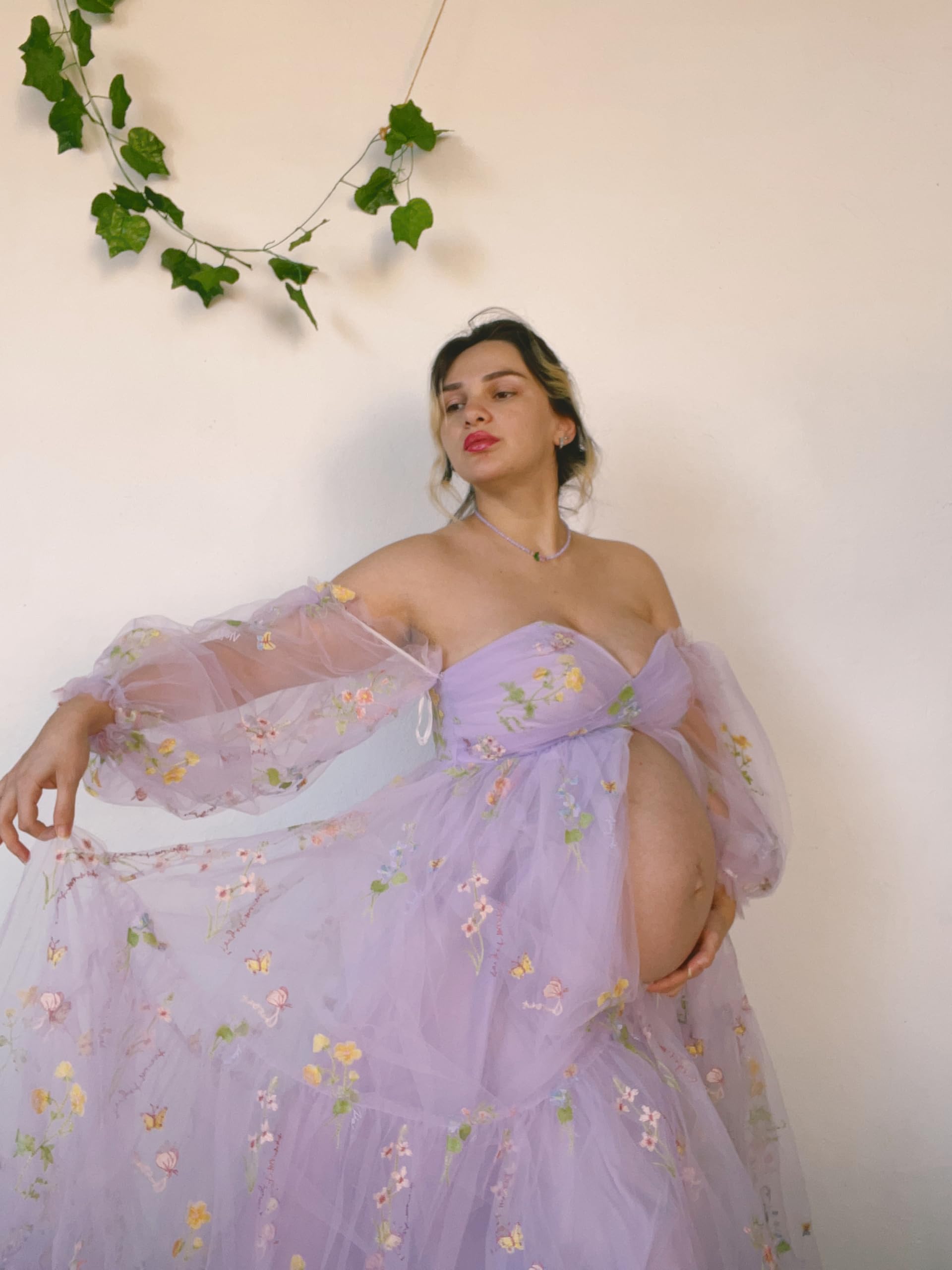 Elegant Flower Embroidery Tulle Maternity Robe - Puffy Sleeve Bridal Lingerie Dress for Baby Shower, Photoshoot & Pregnancy Photos - Soft Long Dress for Special Occasions