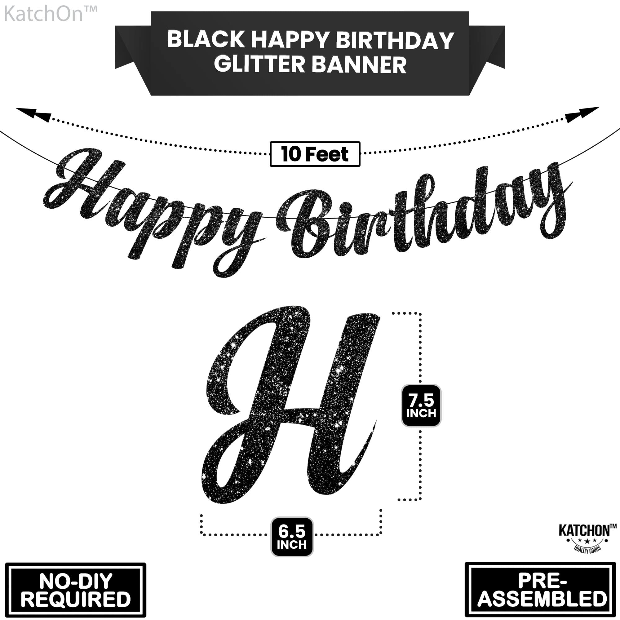 KatchOn Glitter Black Happy Birthday Banner - Pre-Strung 10ft Large Birthday Sign for Men | Gothic Birthday Party Decorations | Perfect for Adult Birthday Parties, Halloween Celebrations & Dark Theme Events