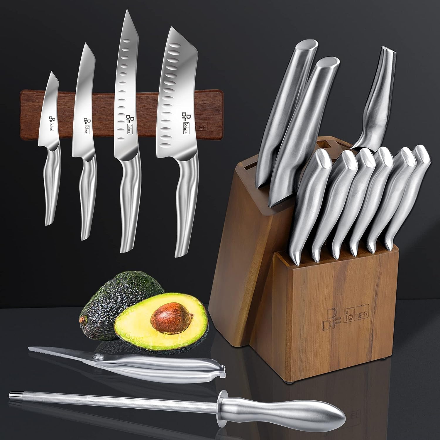 16-Piece Japanese Stainless Steel Kitchen Knife Set with Wooden Block - Ultra Sharp Chef Knives, Paring Knife, Bread Knife & Knife Sharpener - Perfect for Home Cooking, Professional Chefs & Gift Giving