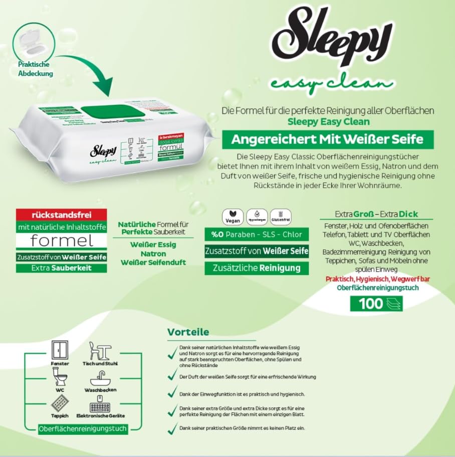 Sleepy Easy Clean Surface Cleaning Cloths - 6 Pack (600 Sheets) | White Soap Additive | Multi-Purpose Disposable Wipes for Kitchen, Bathroom & Office Cleaning