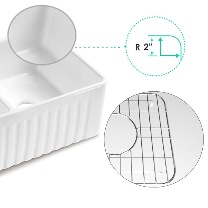 MEJE #KS 33x20 Inch 50/50 Double Bowl Ceramic Farmhouse Kitchen Sink with Apron-Front Design, Step Rim Workstation, Cutting Board, Grid & Strainer - White | Perfect for Modern Farmhouse, Rustic & Country Style Kitchens