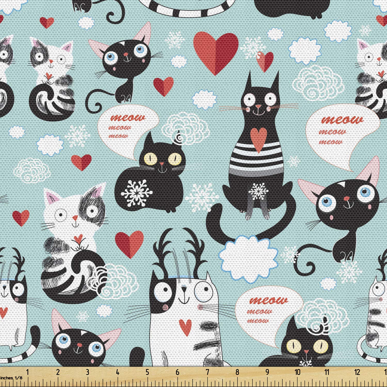 Ambesonne Cat Lover Fabric by The Yard - Black & White Cat Print with Hearts & Meow Design - 10 Yards Pale Blue Upholstery Fabric for DIY Projects, Home Decor, Curtains & Pillow Covers - Perfect for Cat Themed Bedroom & Living Room Decor