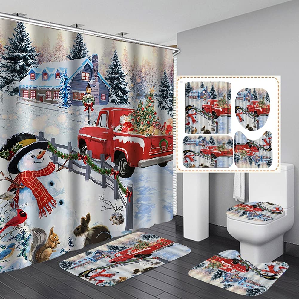 Bullpiano Christmas Bath Set - Waterproof Red Truck Shower Curtain with Non-Slip Bath Mat, Toilet Lid Cover & 12 Hooks - Holiday Bathroom Decor for Festive Home Decorating | Perfect for Christmas Gifts, Guest Bathrooms & Seasonal Home Styling