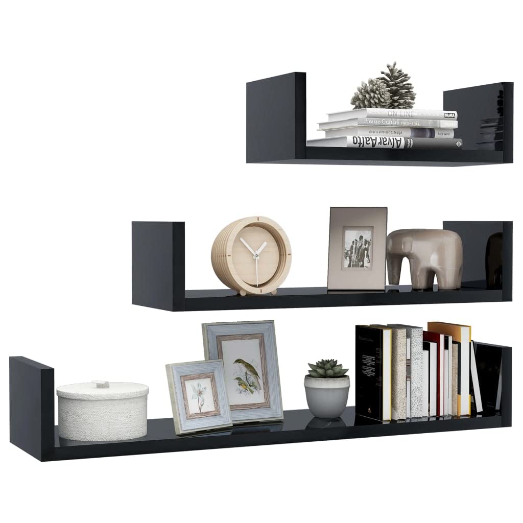 3-Piece Wall Display Shelf Set - Floating Wall Mounted Shelves for Storage - High Gloss Black Chipboard - Perfect for Bedroom, Living Room, Bathroom, Kitchen & Office Organization
