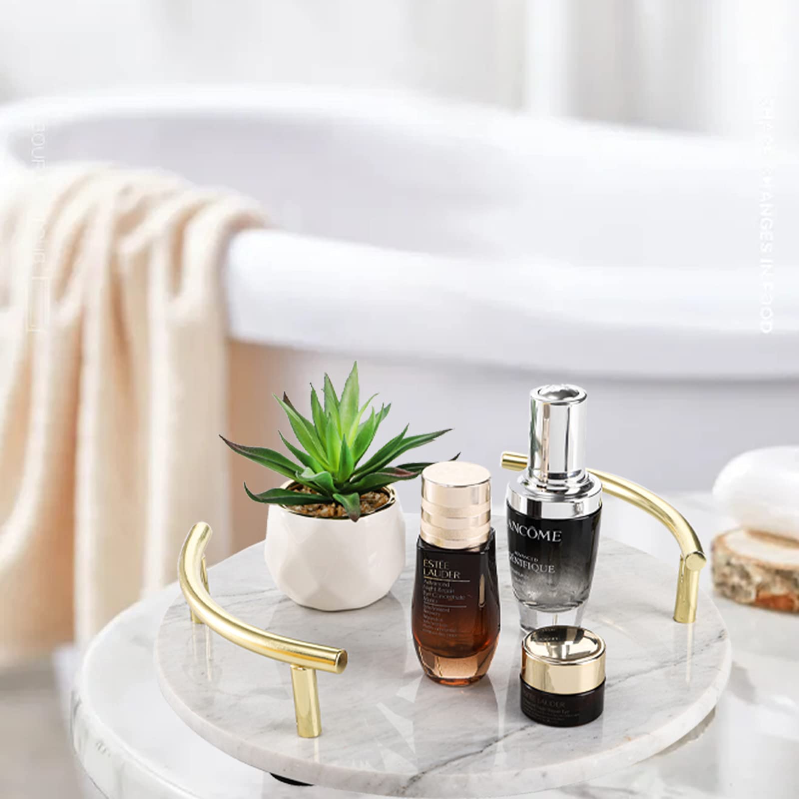 TOPZEA 10 Inch Round Marble Vanity Tray with Gold Metal Handles - Jewelry & Perfume Organizer for Dresser, Nightstand, Bathroom Counter | Elegant Home Decor & Gift Idea for Women