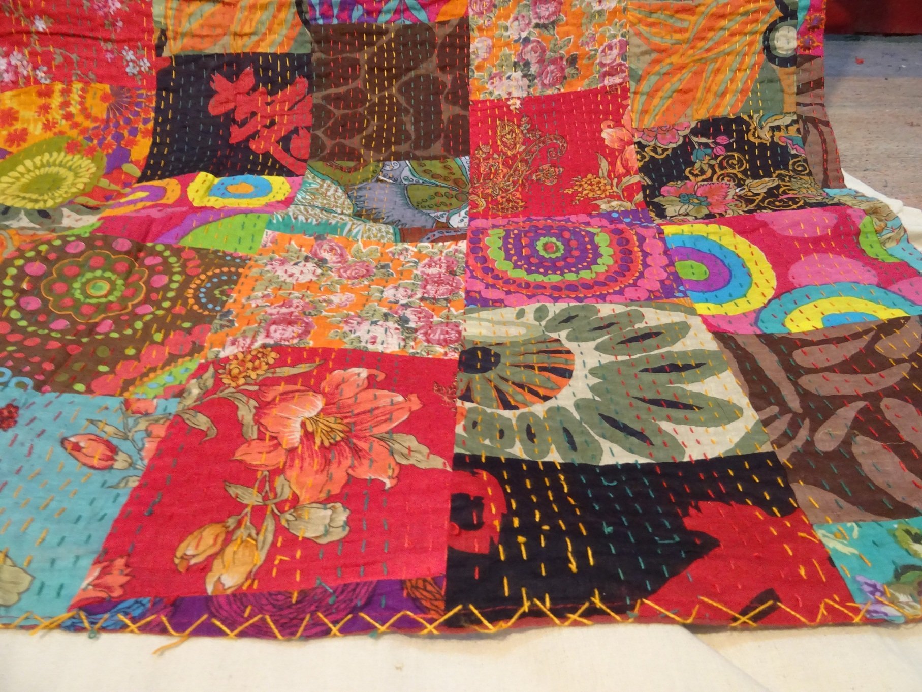 Handmade Tribal Asian Textiles Pure Cotton Queen Size Bedspread - Reversible Kantha Stitch Quilt & Indian Bed Cover - Perfect for Boho Chic Bedroom Decor, Guest Room Throw, or Cozy Living Room Accent