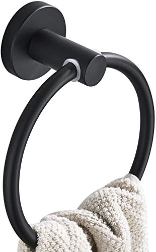 Polished Brass Towel Ring with Black Finish - Rustproof Stainless Steel Bathroom & Kitchen Towel Holder - Perfect for Bath, Shower, and Kitchen Decor