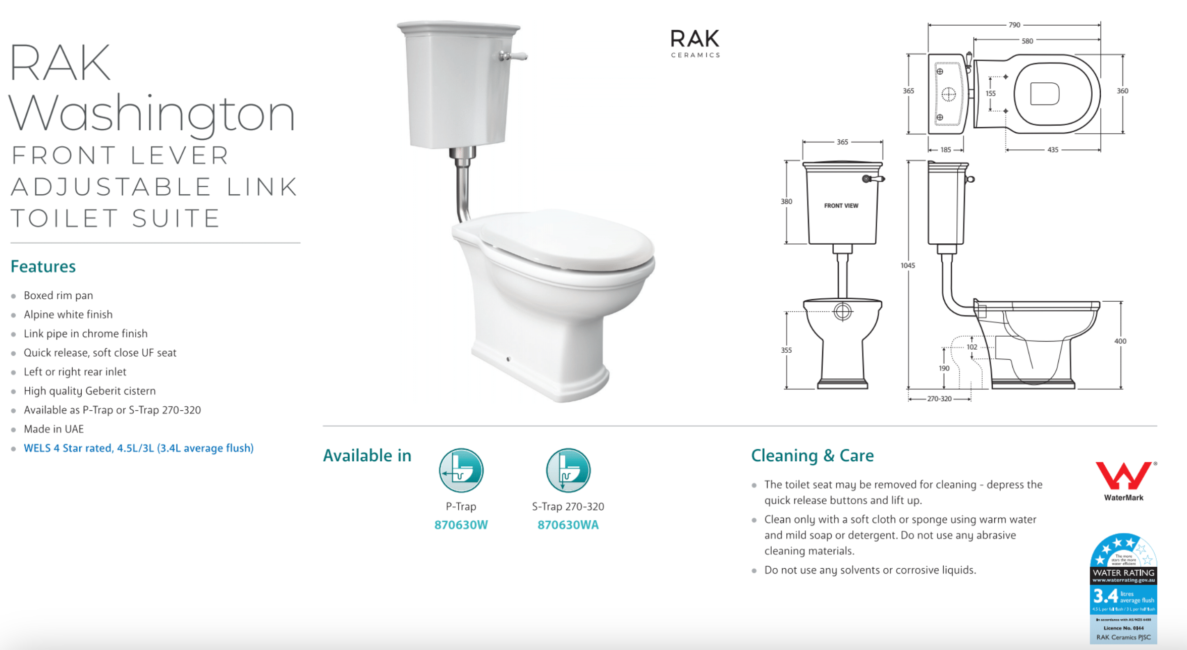 Fienza 870630WA Washington RAK Front Lever Adjustable Link S Trap 270-320mm Toilet Suite in White - Perfect for Modern Bathroom Renovations & Water-Efficient Homes