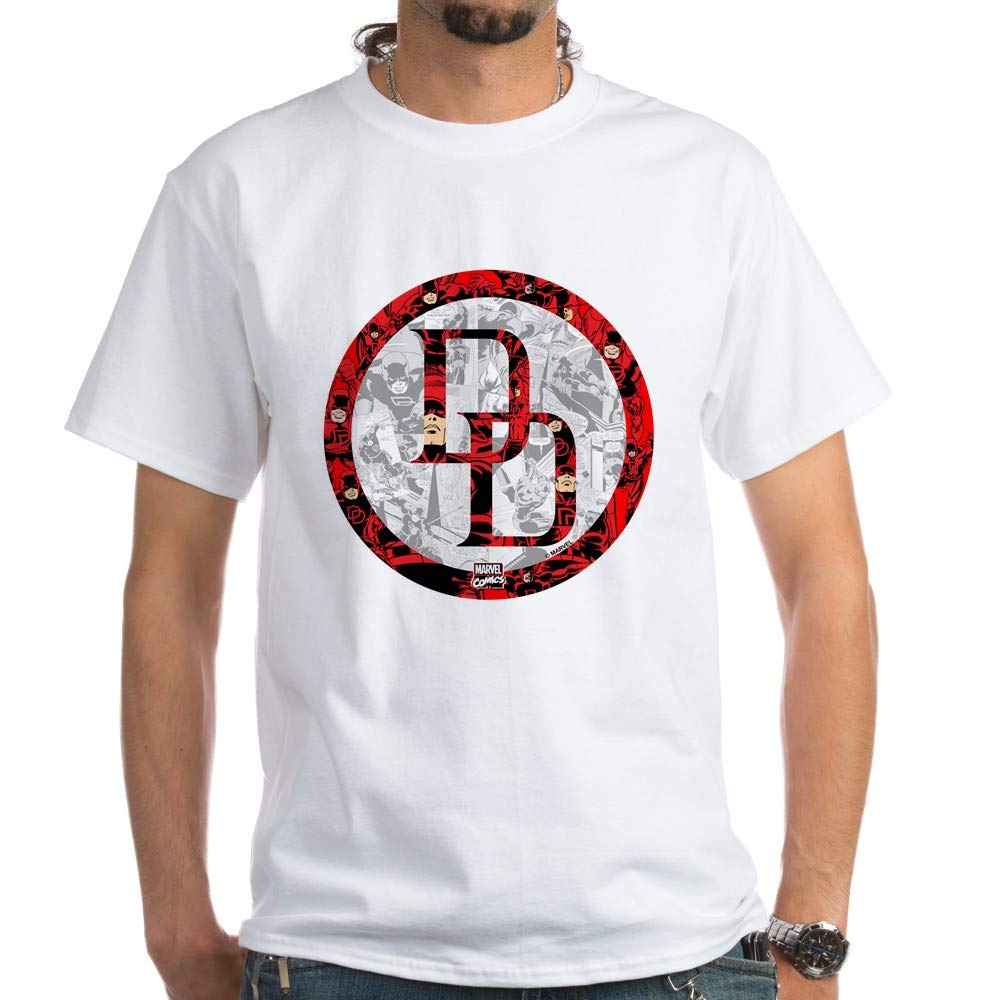 Daredevil Symbols White Cotton T-Shirt | Marvel Superhero Graphic Tee | Casual Wear for Fans & Comic Conventions