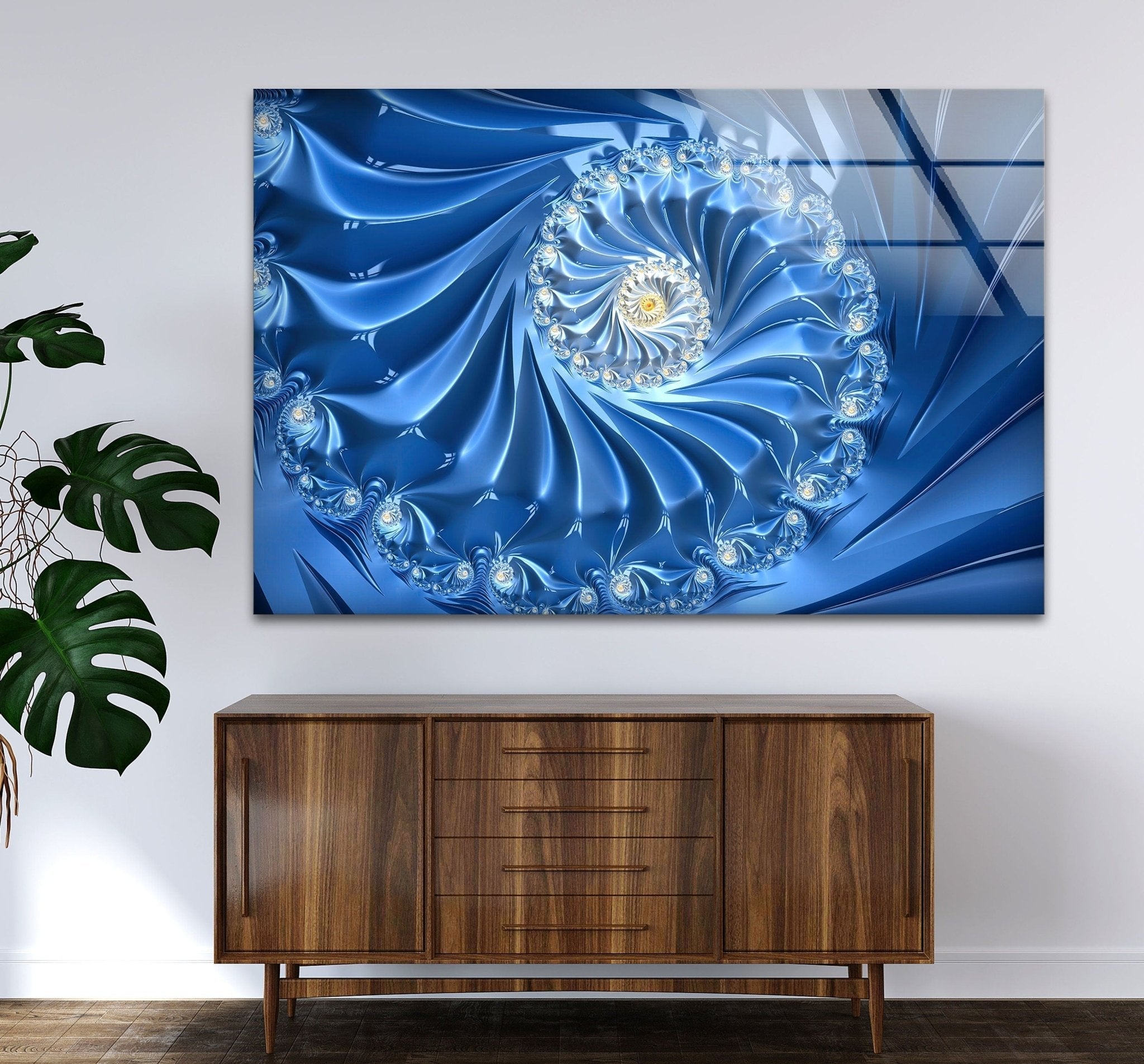 Abstract Blue Fractal Glass Wall Art - Handmade Modern Home Decor for Living Room, Bedroom & Office - Unique Swirl Design for Contemporary Interior Design