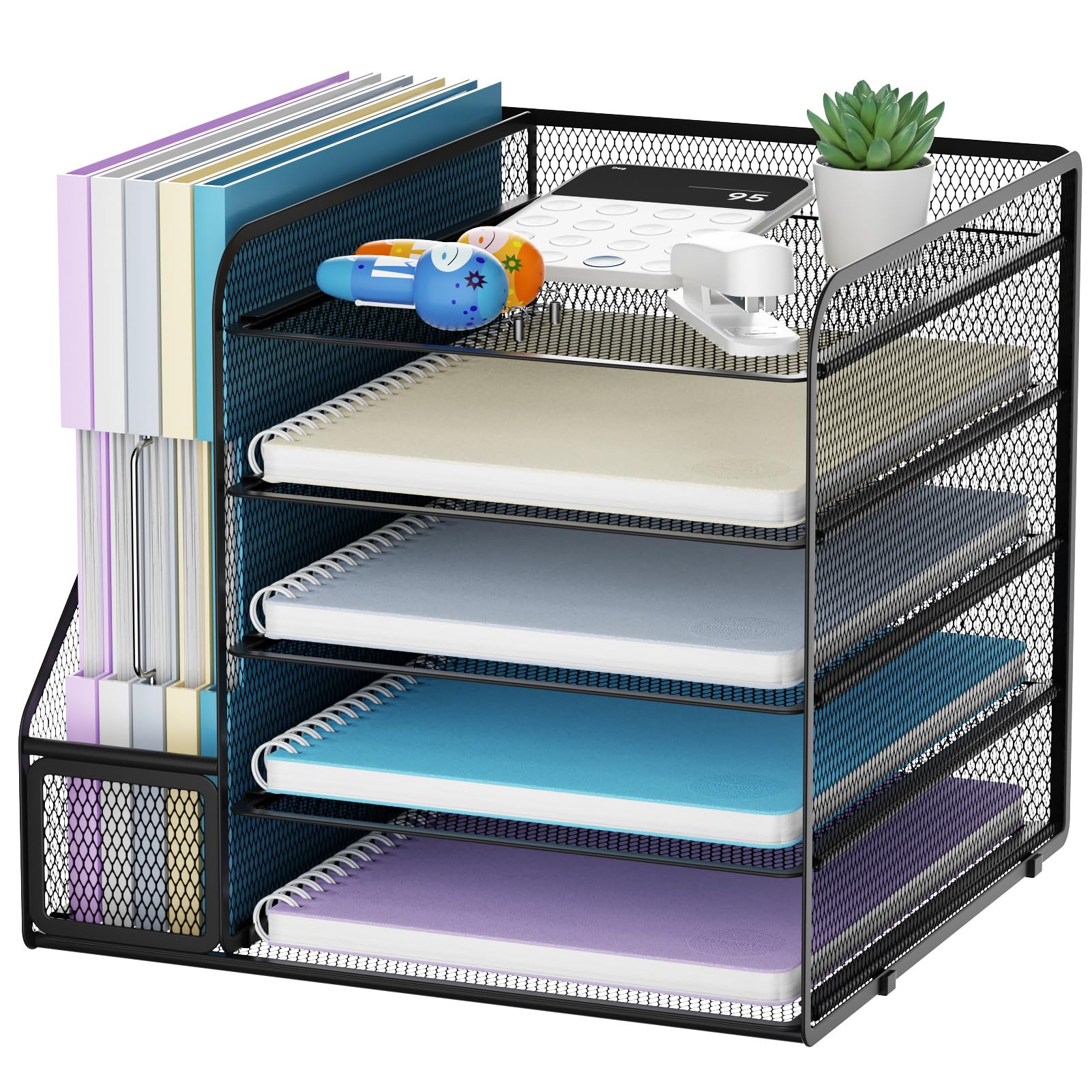 5-Tier Mesh Desk Organizer with File Holder - Black Office Paper Letter Tray for Documents, Mail & Supplies | Perfect for Home Office, Workstation & School Desk Organization