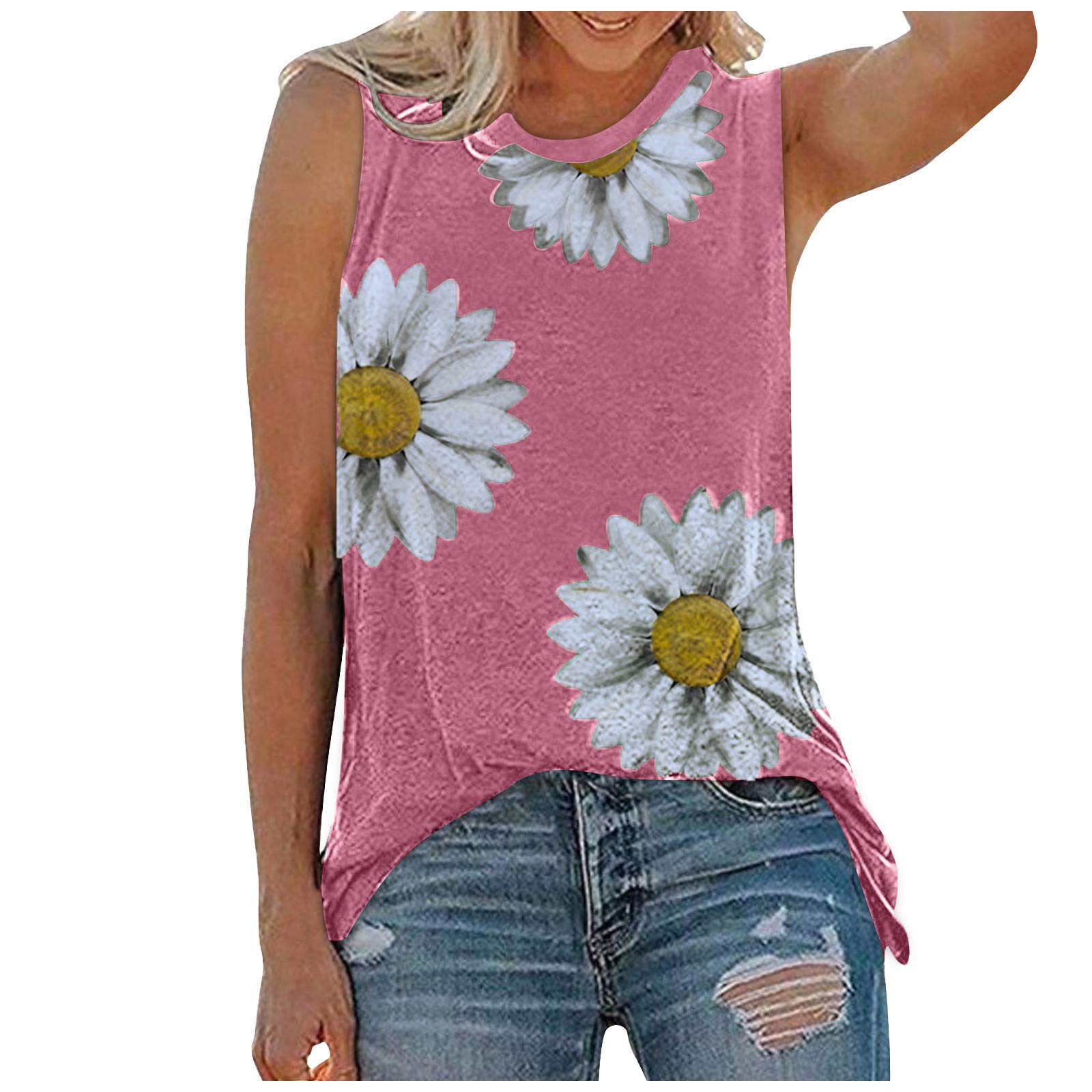 Women's Daisy Print Sleeveless Blouse - Summer Graphic Tank Top with O-Neck for Casual Wear - Perfect for Beach Outings, Picnics, and Everyday Fashion