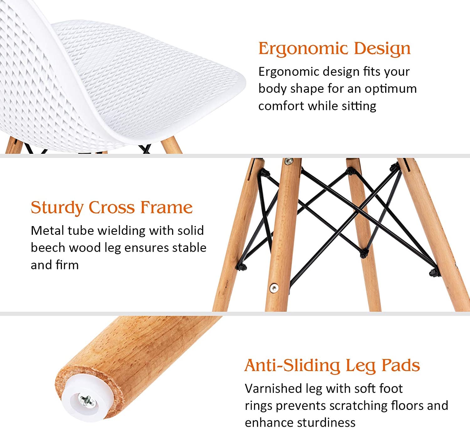 Modern Moccha Set of 4 Dining DSW Chairs with Beech Wood Legs & Mesh Design - Shell PP Lounge Side Chairs for Dining Room, Living Room, Kitchen - Perfect for Home Decor, Small Spaces & Entertaining Guests (White)