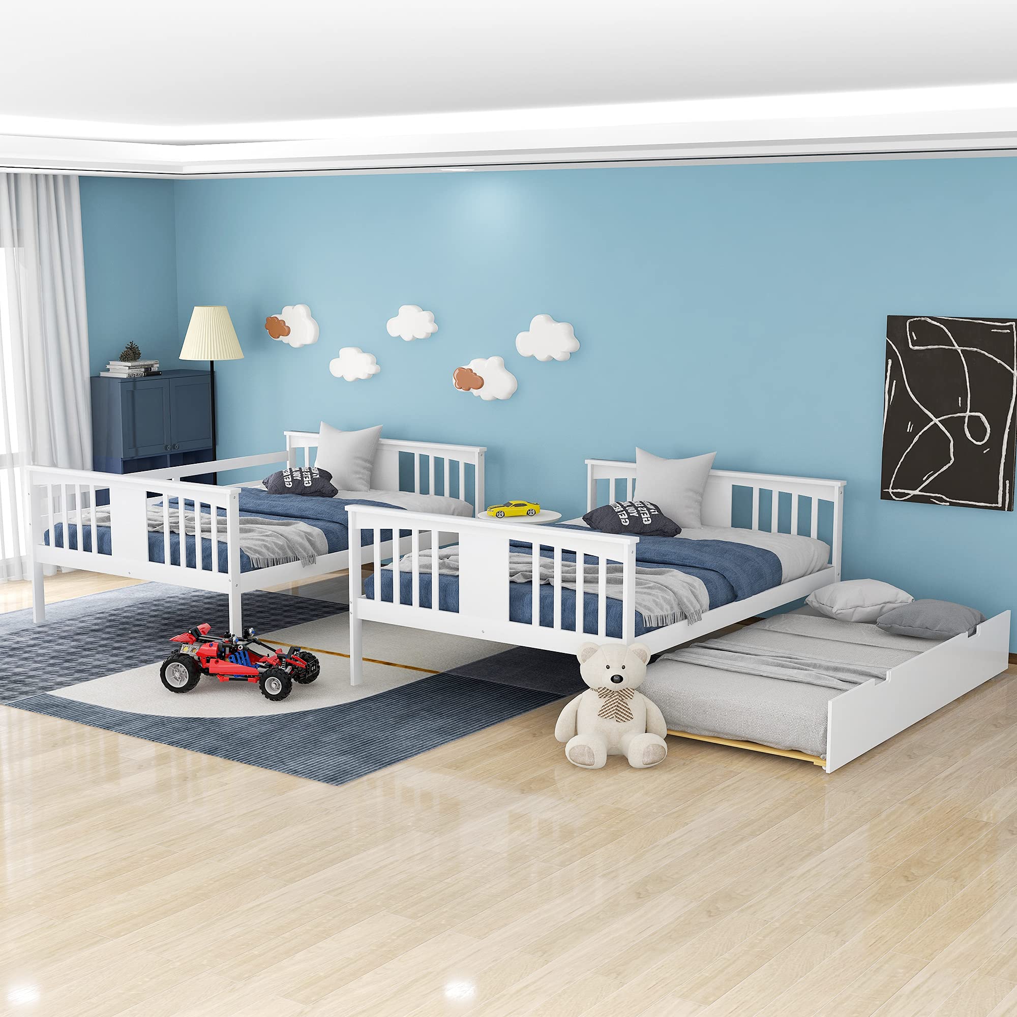 **JULYFOX Full Size Bunk Bed with Trundle - Heavy Duty Solid Wood Platform Bed Frame, White - Space Saving Twin Over Full Bunk Bed Set with Ladder - No Box Spring Needed - Ideal for Kids' Rooms, Guest Rooms & Small Spaces**